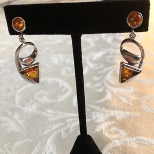 Hand Crafted Amber and silver unique avant-garde dangle earrings 1.5”